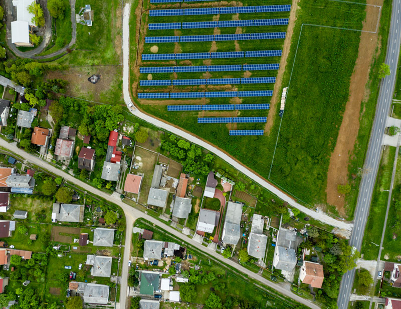 solar panel, city, drone view